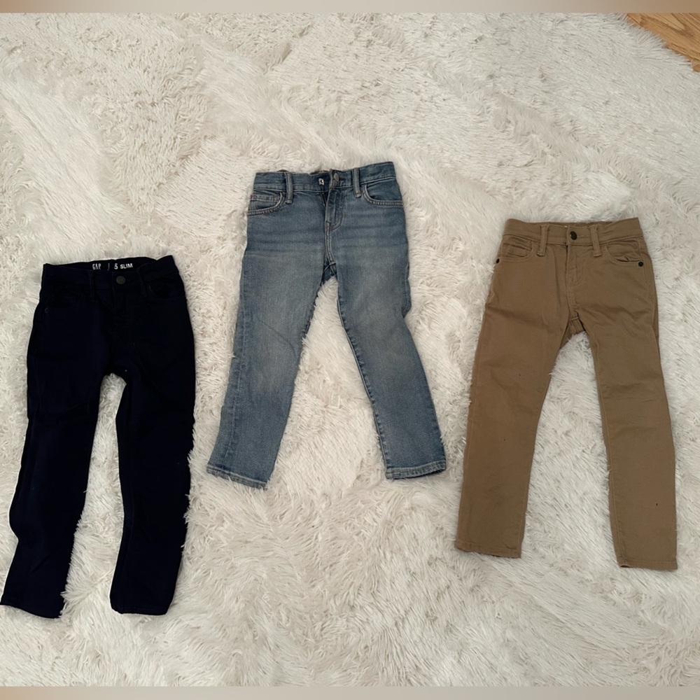 GAP pants boys size 5 bundle 3 pair, worn a couple of times max. Navy, jean, tan